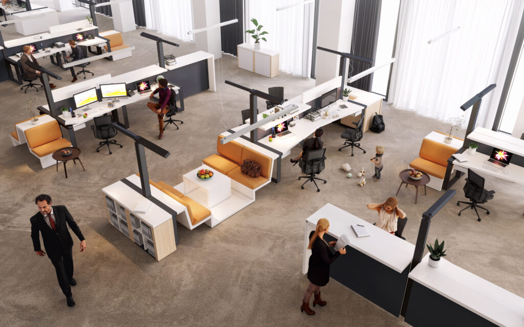 Perspektive des Interiordesigns mit maßgeschneiderten Büromöbeln, Beispiel für Produkt- und Interiordesign-Dienstleistungen